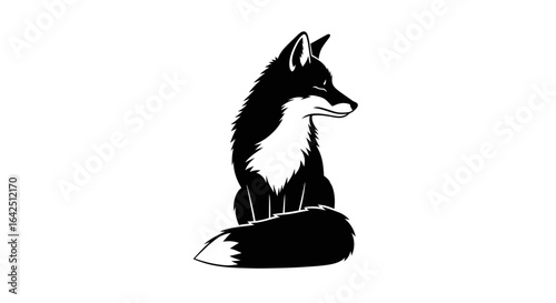 Silhouette of a seated fox looking sideways, wild animal, isolated white background.