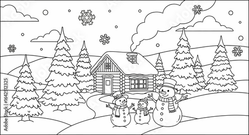 Cozy Winter Landscape with House, Snowmen, and Fir Trees, Coloring Book Style