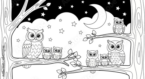 Group of Cute Owls Sitting on Tree Branches Under the Night Sky with Moon and Stars, Coloring Page