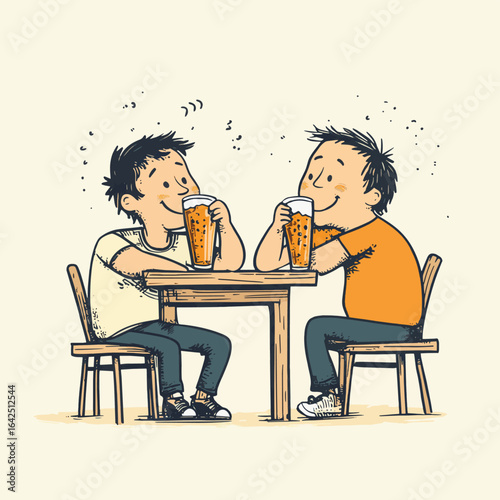 Cartoon  two men drinking beer, vector style simple color