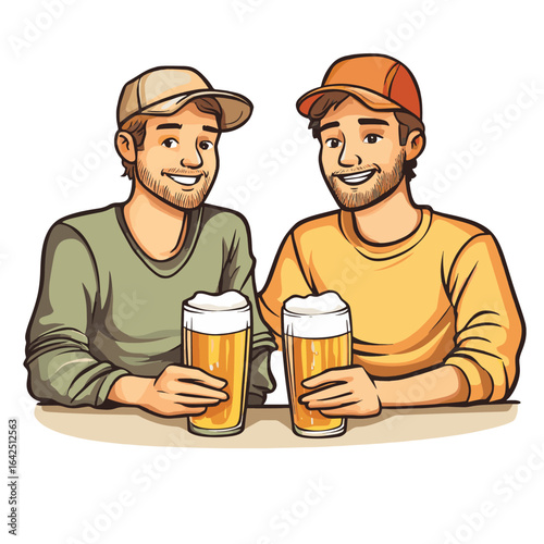 Cartoon  two men drinking beer, vector style simple color