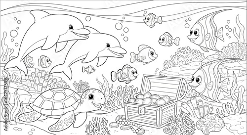 Happy Dolphins, Turtle, and Fish Swimming in an Underwater Coral Reef with a Treasure Chest, Coloring Page