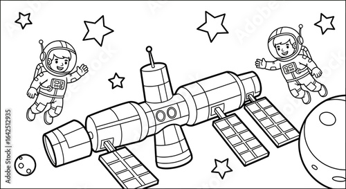 Cute Cartoon Astronaut Floating in Space Near Space Station and Planet, Kids Outer Space Adventure with Isolated White Background