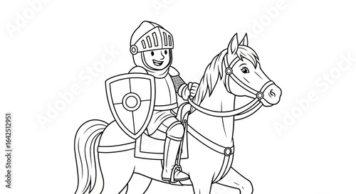 Brave Cartoon Knight Riding Horse with Shield and Spear, Medieval Adventure Character on Isolated White Background
