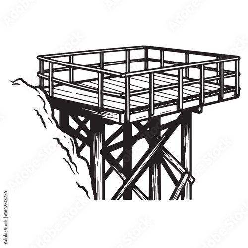 Illustrated vector drawing of a wooden lookout platform and support structure isolated