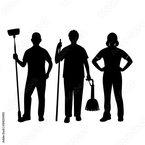 Cleaning Crew Silhouettes Group of Cleaning People with Brooms, Mops, and Cleaning Supplies