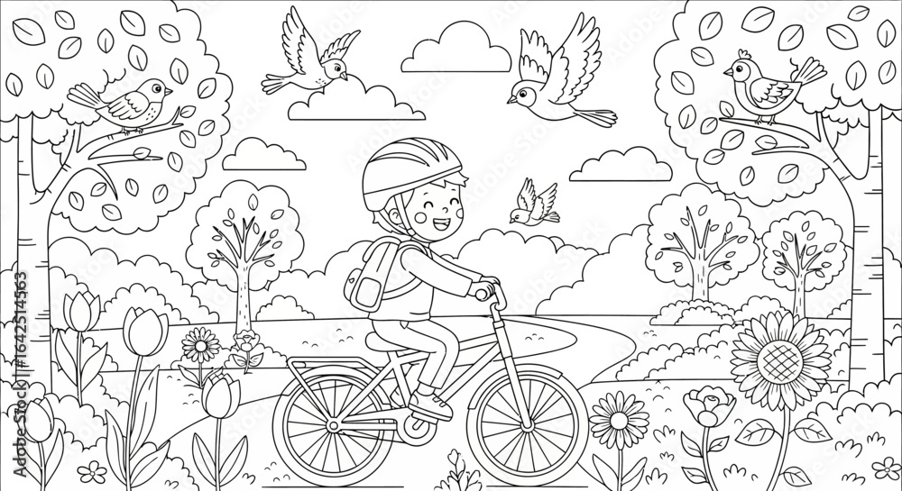 Fototapeta premium Cheerful Little Girl Riding Bicycle in Park with Birds and Flowers Coloring Page