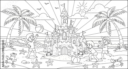 Happy Children Playing on Beach with Sand Castle and Palm Trees Coloring Page