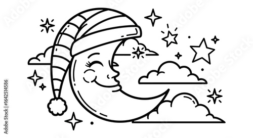 A smiling crescent moon wearing a striped sleep cap, nestled among clouds and twinkling stars.