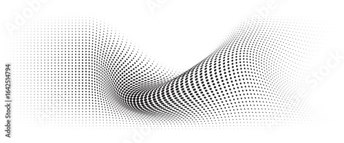 Flowing Wave Dot Halftone Pattern: Curve Gradient Shape on Transparent Background. Suitable for AI, Tech, Network, Digital, Science, and Technology Themes.