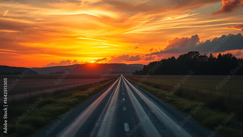 Naklejka premium Country road splitting under sunset sky, symbolizing life choices and new beginnings.
