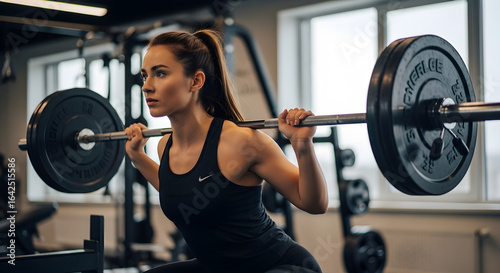 Strong woman doing squats with barbell in the gym during her workout