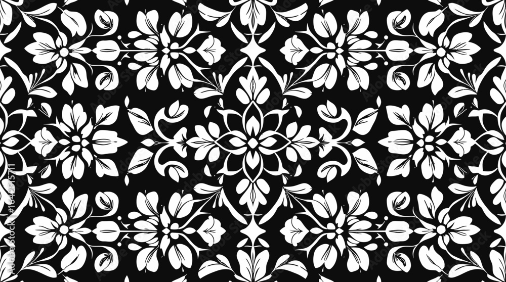 Fototapeta premium Intricate black and white floral pattern featuring symmetrical design elements.