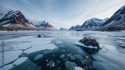 Frozen Vestpolltjonna bay. Lilandstinden-Geitgallien-Durmalsfjellet mounts background. Austvagoya island-Nordland fylke-Norway. 0102-2