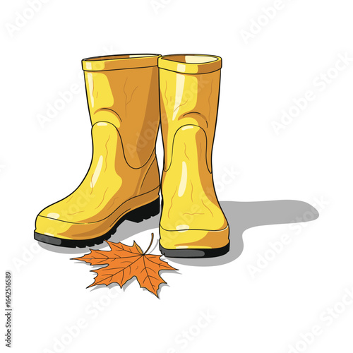 Yellow Rubber Rain Boots and Autumn Leaf Illustration for Outdoor Activity and Fall Fashion