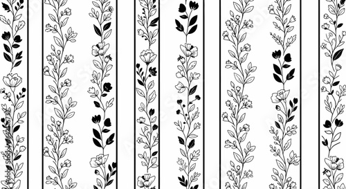 Elegant black and white floral vines arranged in vertical strips, creating a decorative pattern.