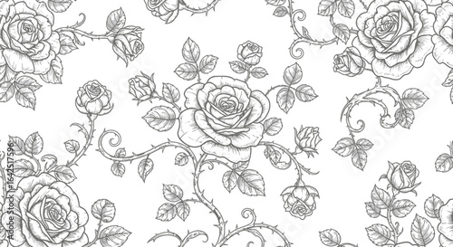 Elegant monochrome rose pattern, intricately detailed floral design, repeating seamlessly.