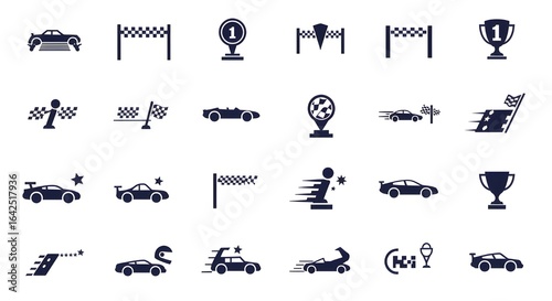 Racing icon set with cars, flags and trophies on white background