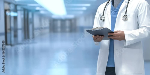 Doctor Holding Tablet in Hospital Hallway, Medical Professional Using Tablet, Healthcare Worker in Hospital