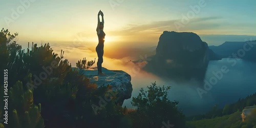 Sunrise Yoga in Nature on Mountain Overlooking Scenic View, Morning Yoga Practice at Sunrise on Rocky Mountain, Peaceful Yoga Session at Sunrise on Mountain Peak

