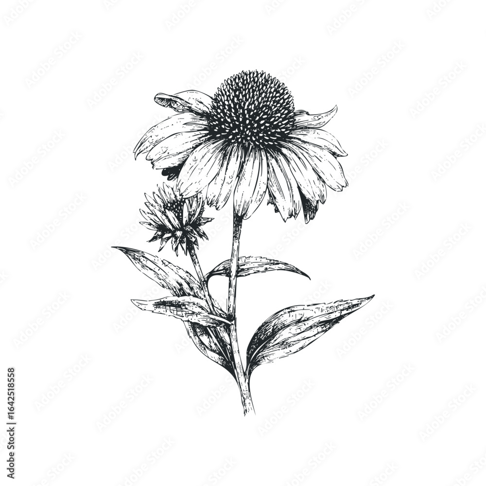 custom made wallpaper toronto digitalDetailed Sketch of Echinacea Flower on White Background