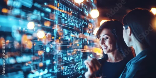 Tech Professionals Discussing Data Insights in Office Environment, Business Meeting with Data Analytics on Digital Screen, Team of Experts Analyzing Data on Futuristic Digital Display

