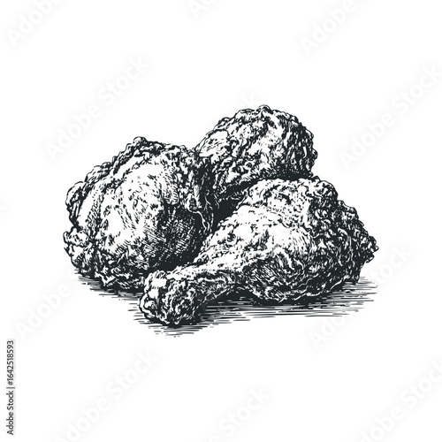 Sketch of three crispy fried chicken pieces on a white background