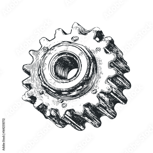 Detailed Ink Sketch of a Metal Sprocket Gear on White Background