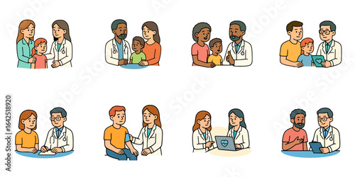 Cartoon style healthcare consultation scenes featuring physicians providing advice to children, adults, and families in clinics