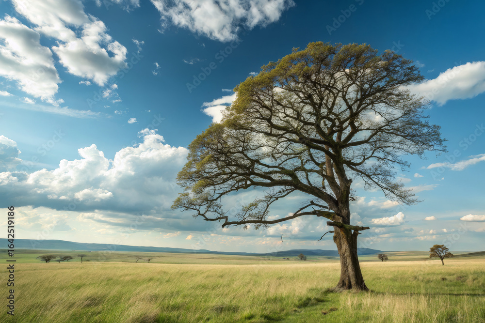 Fototapeta premium Lone Oak Tree Standing in Vast Grassland under Bright Blue Sky with Soft Clouds