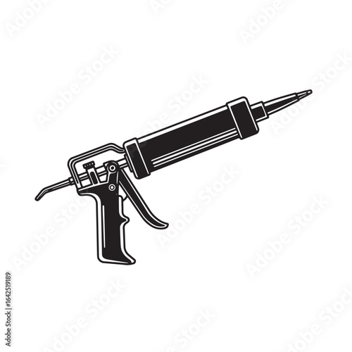 Detailed black and white illustration of a caulk gun for construction and home improvement