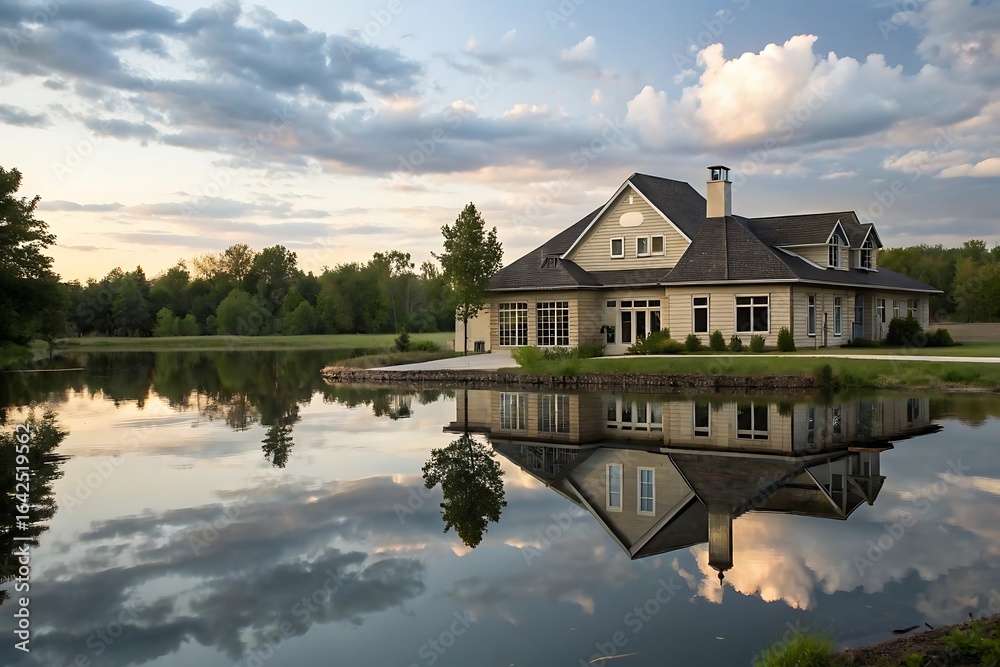 Obraz premium Stunning Reflection of a Lakeside House at Sunset, Serene Landscape Photography