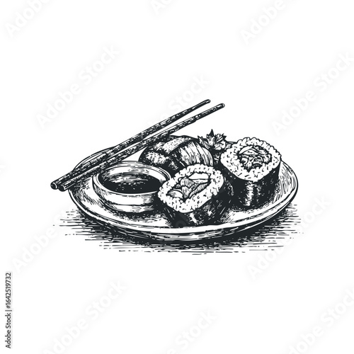 Hand drawn sketch of sushi rolls with chopsticks and dipping sauce on a plate