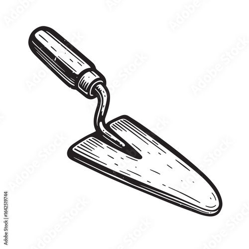 Detailed black and white illustration of a gardening trowel on isolated white background