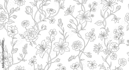 Seamless floral pattern featuring delicate line art of roses, lilies, and other blooming flowers with winding stems and leaves on a white background.