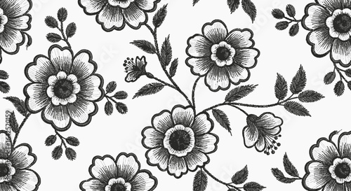 Black and white floral pattern design, repeating flower motifs on a white background.