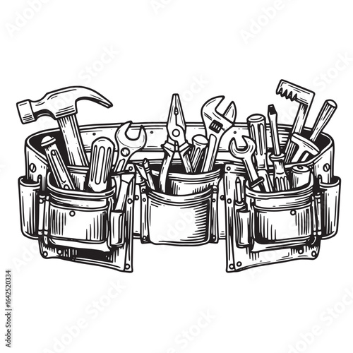 Detailed black and white illustration of a tool belt filled with various construction tools