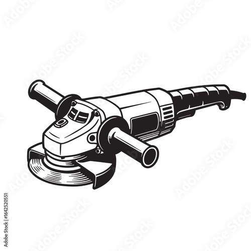 Detailed black and white illustration of an angle grinder power tool on white background