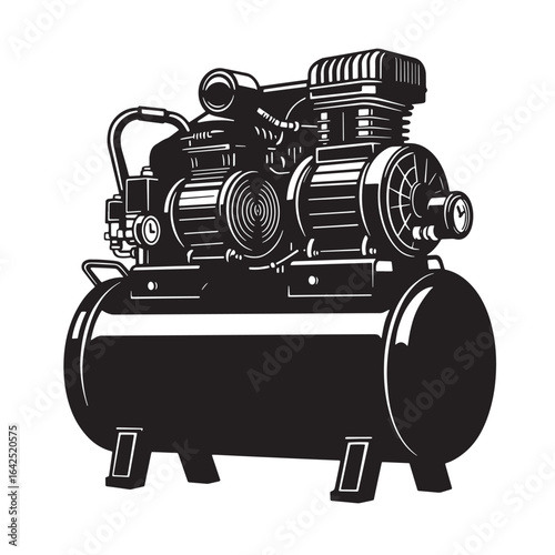 Detailed black and white illustration of an industrial air compressor machine tool