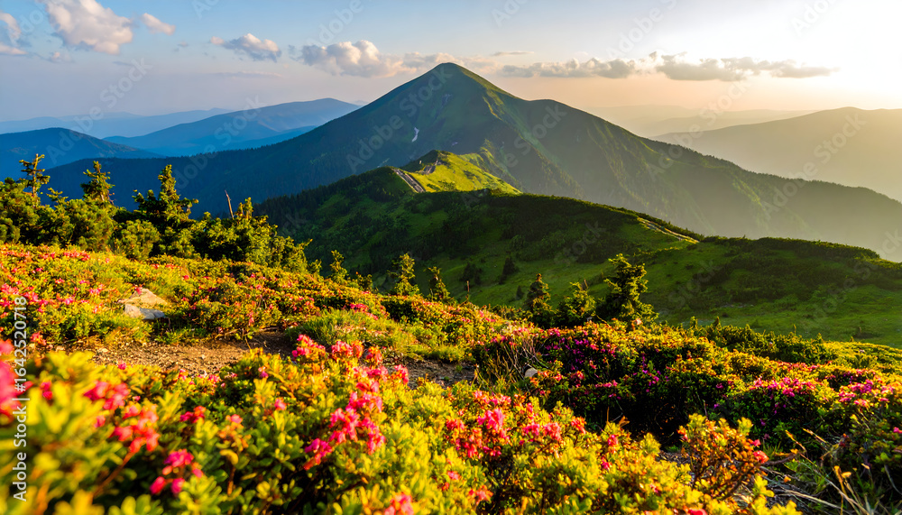 Fototapeta premium Scenic View of Vibrant Blooming Flowers on Hillside with Majestic Mountains at Sunset