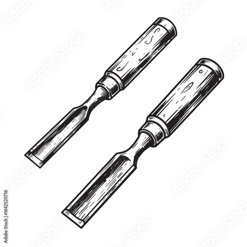 Detailed black and white illustration of two woodworking chisels isolated on white background