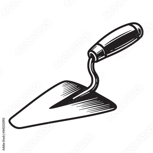 Detailed black and white vector illustration of a construction trowel on white background