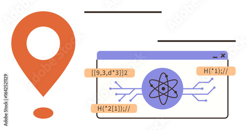 Map pin, atom graphic, and code snippets representing data processing, geolocation analysis, science technology. Ideal for education, innovation, coding, location services analytics digital tools