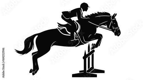 Silhouette of a horse and rider jumping over an obstacle in a show jumping competition vector graphic | editable eps vectors