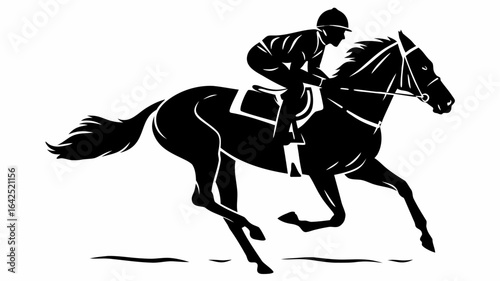Silhouette of a jockey riding a horse in a race with a black and white color scheme in full gallop | editable eps vectors