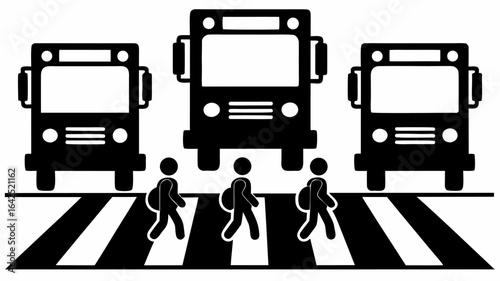 Three school buses waiting as students cross the street on a zebra crossing in black and white style | editable eps vectors silhouette