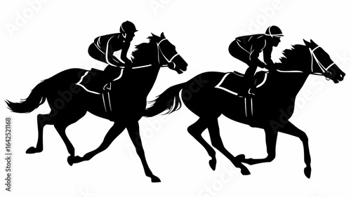Silhouette illustration of two horse racing with jockeys in black and white on a plain background | editable eps vectors