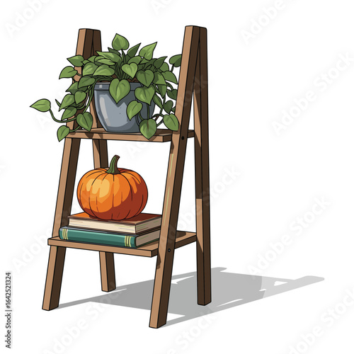 Rustic Wooden Ladder Shelf with Houseplant Pumpkin and Books Autumnal Still Life Decor Illustration