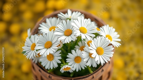 Rustic wooden basket filled with white daisies, bright yellow spring setting with soft bokeh.
