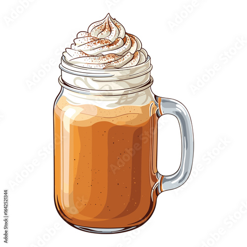 Delicious pumpkin spice latte in mason jar with whipped cream topping illustration
